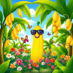 A colorful cartoon-style illustration of a banana garden, featuring tall, lush banana trees with large green leaves and bright yellow bananas hanging