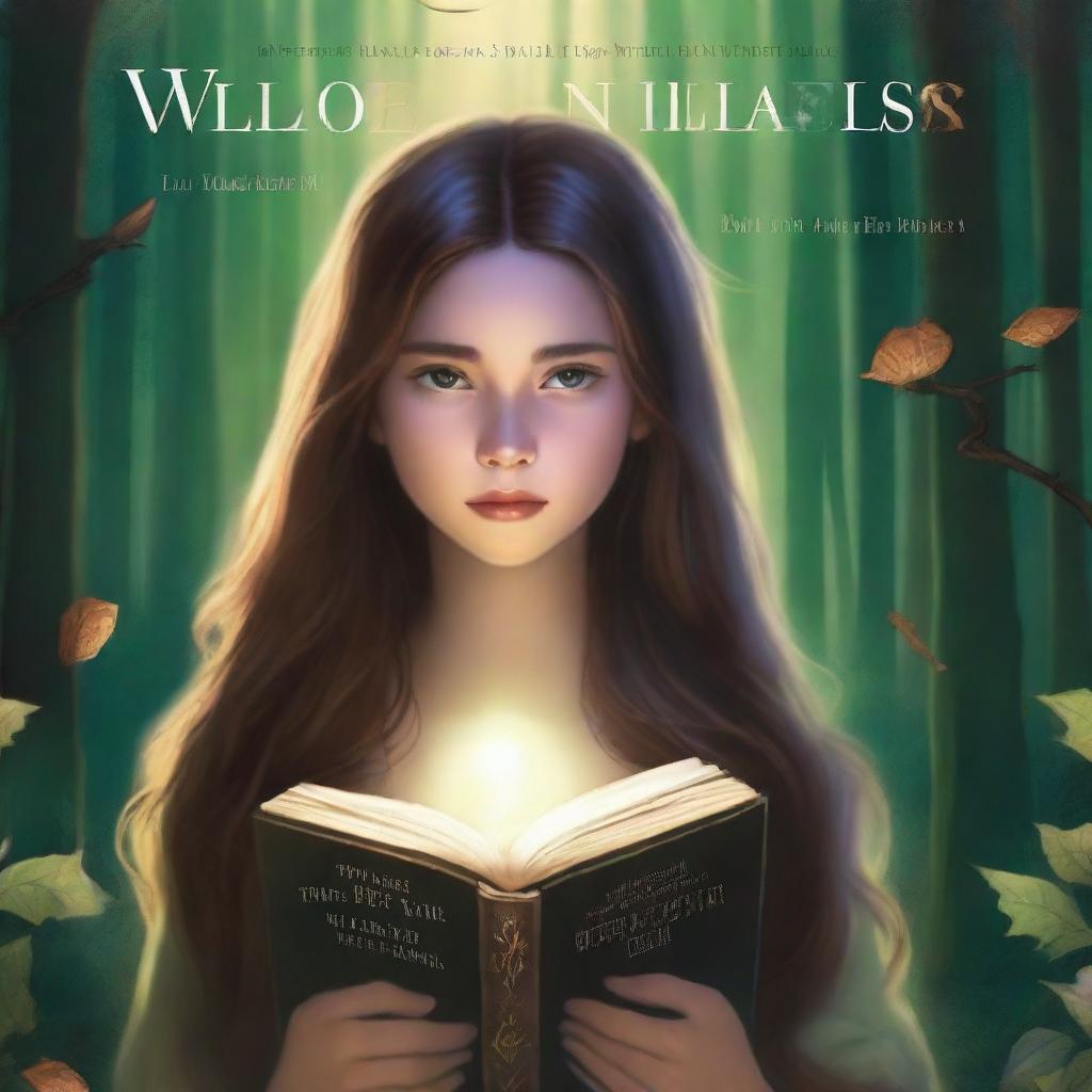 A high-quality book cover art featuring a girl with long brown hair in a forest