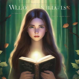 A high-quality book cover art featuring a girl with long brown hair in a forest