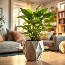 A vibrant indoor scene featuring a potted plant with lush green leaves in a modern ceramic pot with a unique geometric design