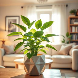 A vibrant indoor scene featuring a potted plant with lush green leaves in a modern ceramic pot with a unique geometric design
