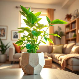 A vibrant indoor scene featuring a potted plant with lush green leaves in a modern ceramic pot with a unique geometric design