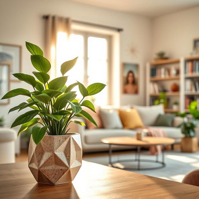 A vibrant indoor scene featuring a potted plant with lush green leaves in a modern ceramic pot with a unique geometric design