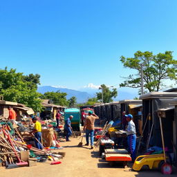 A vibrant and detailed scene of Nepal's road cleaning yard, showcasing workers diligently maintain a variety of road cleaning machines and tools