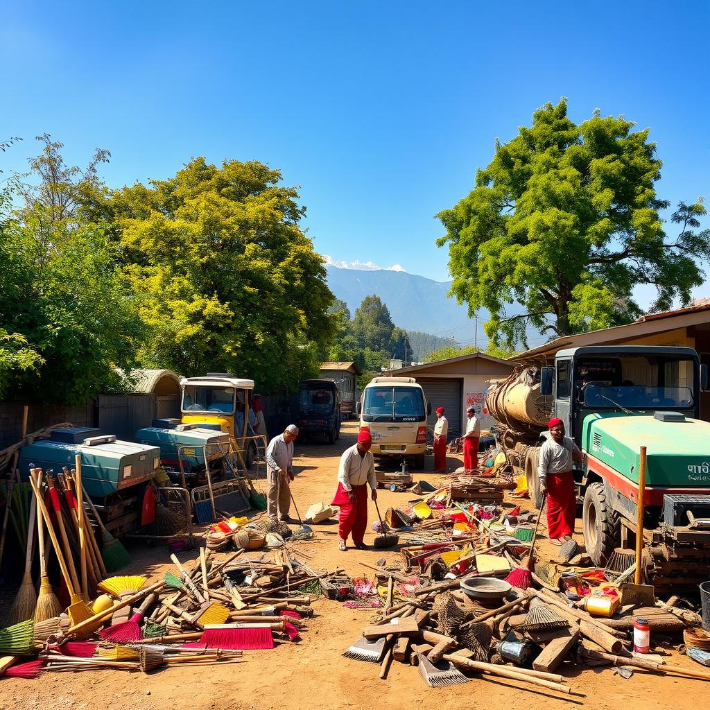 A vibrant and detailed scene of Nepal's road cleaning yard, showcasing workers diligently maintain a variety of road cleaning machines and tools
