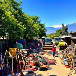 A vibrant and detailed scene of Nepal's road cleaning yard, showcasing workers diligently maintain a variety of road cleaning machines and tools