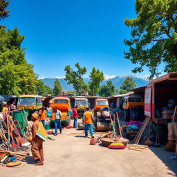 A vibrant and detailed scene of Nepal's road cleaning yard, showcasing workers diligently maintain a variety of road cleaning machines and tools