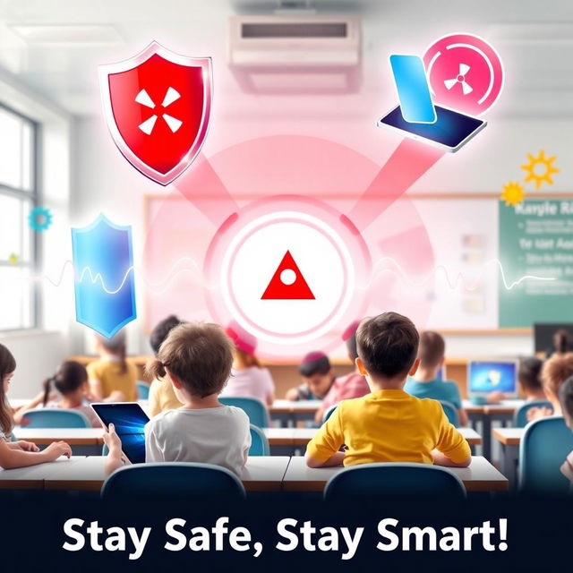 A vibrant and insightful poster illustrating the theme of protecting students from digital radiation