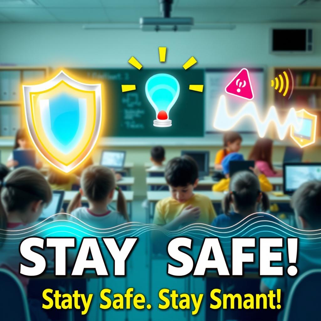 A vibrant and insightful poster illustrating the theme of protecting students from digital radiation