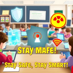A vibrant and insightful poster illustrating the theme of protecting students from digital radiation