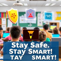 A vibrant and insightful poster illustrating the theme of protecting students from digital radiation