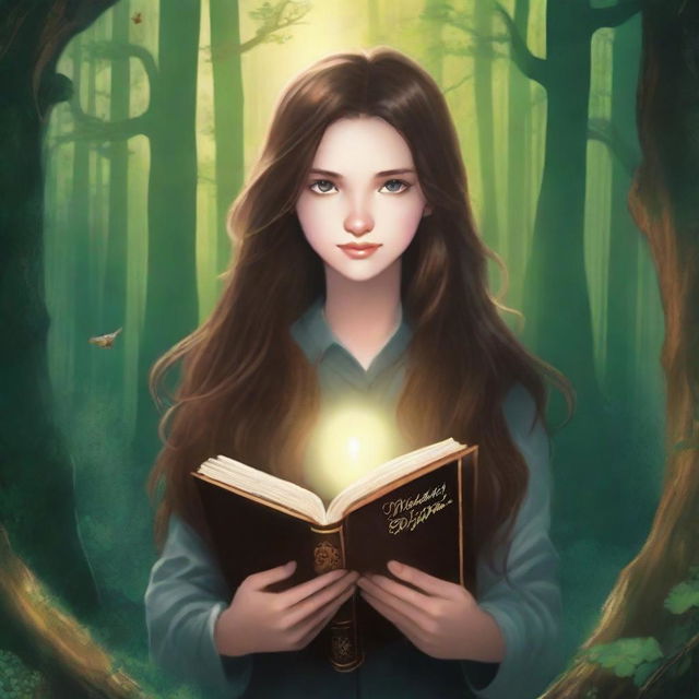 A high-quality book cover art featuring a girl with long brown hair in a forest