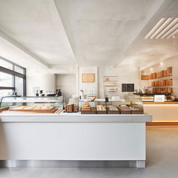 A modern bakery cafe with white concrete interiors in Parisian style, featuring sleek lines and minimalistic furniture. Pastries are displayed in glass cases and a contemporary coffee brewing station sits invitingly.