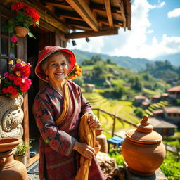 A vibrant and candid photo capturing a traditional Nepali woman cleaning her home, dressed in colorful traditional attire, with intricate patterns