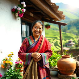 A vibrant and candid photo capturing a traditional Nepali woman cleaning her home, dressed in colorful traditional attire, with intricate patterns