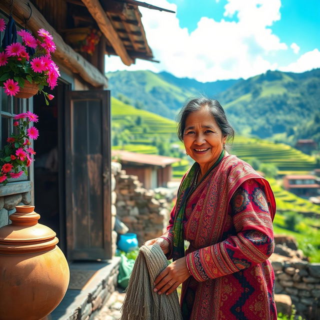 A vibrant and candid photo capturing a traditional Nepali woman cleaning her home, dressed in colorful traditional attire, with intricate patterns