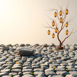 A vertical image featuring a floor of neatly arranged stones, with a few scattered herbs and colorful flowers popping up between the gaps