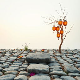 A vertical image featuring a floor of neatly arranged stones, with a few scattered herbs and colorful flowers popping up between the gaps