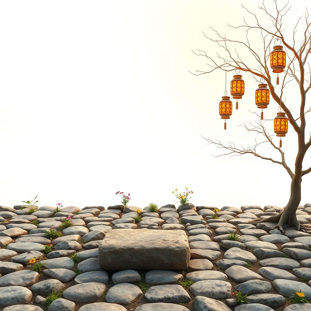 A vertical image featuring a floor of neatly arranged stones, with a few scattered herbs and colorful flowers popping up between the gaps