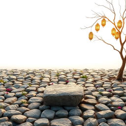 A vertical image featuring a floor of neatly arranged stones, with a few scattered herbs and colorful flowers popping up between the gaps