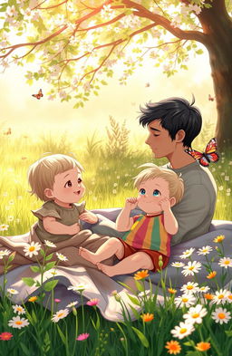 A heartfelt scene depicting a loving parent gazing longingly at their child, who is playing happily in a sunlit meadow with blooming flowers