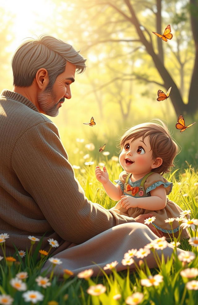 A heartfelt scene depicting a loving parent gazing longingly at their child, who is playing happily in a sunlit meadow with blooming flowers