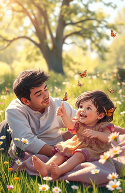 A heartfelt scene depicting a loving parent gazing longingly at their child, who is playing happily in a sunlit meadow with blooming flowers