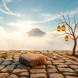 A vertical image featuring a floor of neatly arranged stones with a few scattered herbs and flowers growing between the gaps