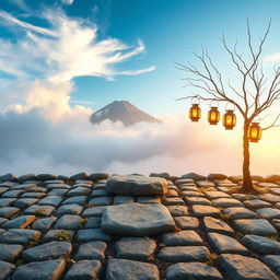 A vertical image featuring a floor of neatly arranged stones with a few scattered herbs and flowers growing between the gaps