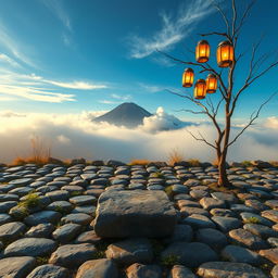 A vertical image featuring a floor of neatly arranged stones with a few scattered herbs and flowers growing between the gaps