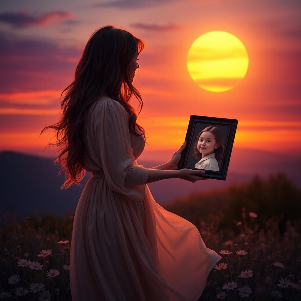 A serene and heartfelt scene depicting a mother looking longingly at a beautiful sunset while holding a framed picture of her beloved child