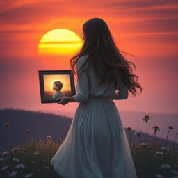 A serene and heartfelt scene depicting a mother looking longingly at a beautiful sunset while holding a framed picture of her beloved child