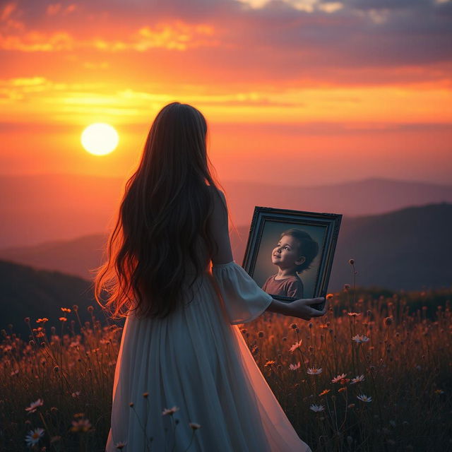 A serene and heartfelt scene depicting a mother looking longingly at a beautiful sunset while holding a framed picture of her beloved child