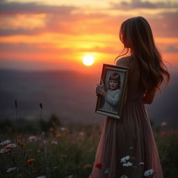 A serene and heartfelt scene depicting a mother looking longingly at a beautiful sunset while holding a framed picture of her beloved child