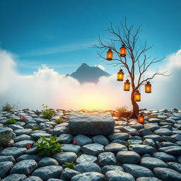 A vertical image featuring a floor of neatly arranged stones, interspersed with a few vibrant herbs and colorful flowers emerging from the gaps