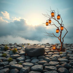 A vertical image featuring a floor of neatly arranged stones, interspersed with a few vibrant herbs and colorful flowers emerging from the gaps