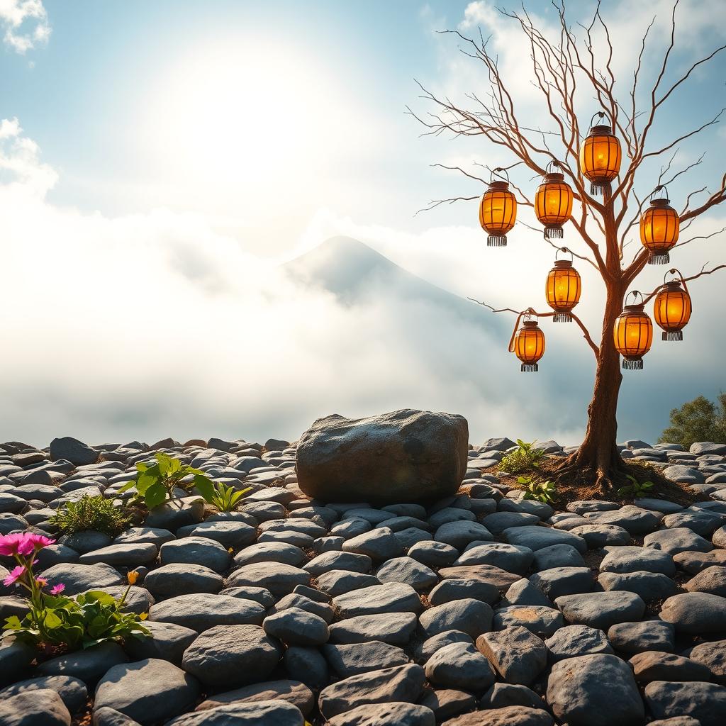 A vertical image featuring a floor of neatly arranged stones, interspersed with a few vibrant herbs and colorful flowers emerging from the gaps