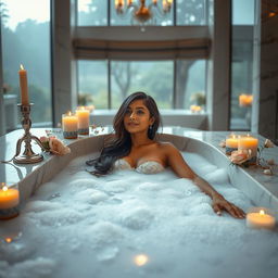 A beautiful Indian woman relaxing in a luxurious bathtub filled with bubbles, surrounded by elegant candles and flowers