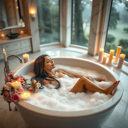 A beautiful Indian woman relaxing in a luxurious bathtub filled with bubbles, surrounded by elegant candles and flowers