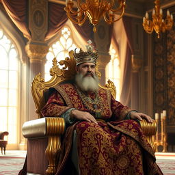 An opulent Persian king seated on an ornate throne adorned with intricate gold and jewel patterns