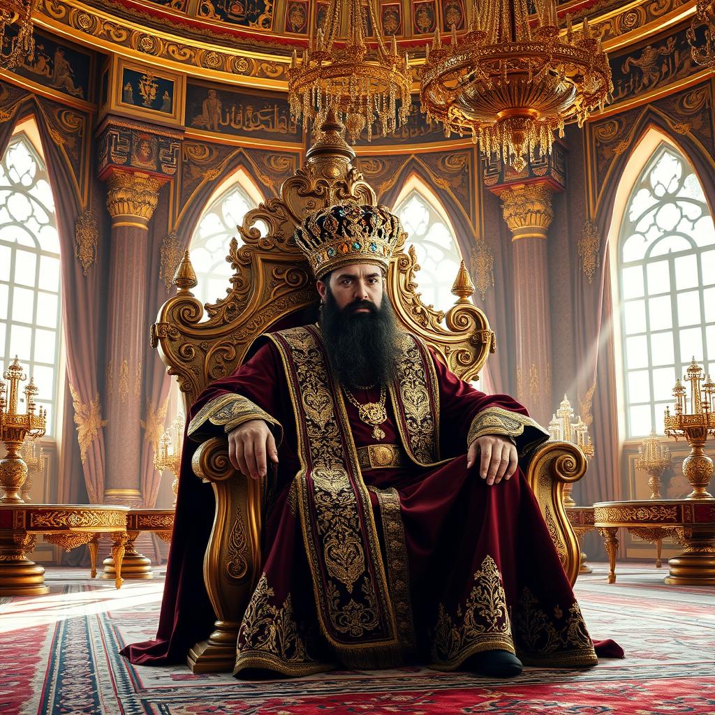 An opulent Persian king seated on an ornate throne adorned with intricate gold and jewel patterns