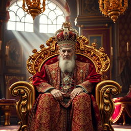 An opulent Persian king seated on an ornate throne adorned with intricate gold and jewel patterns
