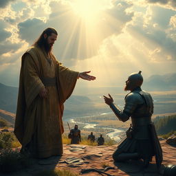 A powerful scene depicting a ruler extending a hand of forgiveness to a kneeling enemy in a vast, ancient kingdom