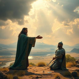 A powerful scene depicting a ruler extending a hand of forgiveness to a kneeling enemy in a vast, ancient kingdom