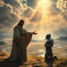 A powerful scene depicting a ruler extending a hand of forgiveness to a kneeling enemy in a vast, ancient kingdom