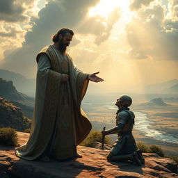 A powerful scene depicting a ruler extending a hand of forgiveness to a kneeling enemy in a vast, ancient kingdom