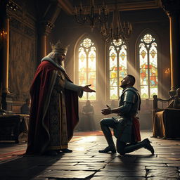 An intense scene depicting a noble king extending a gesture of pardon to a defeated enemy commander, who kneels before him in a grand medieval throne room