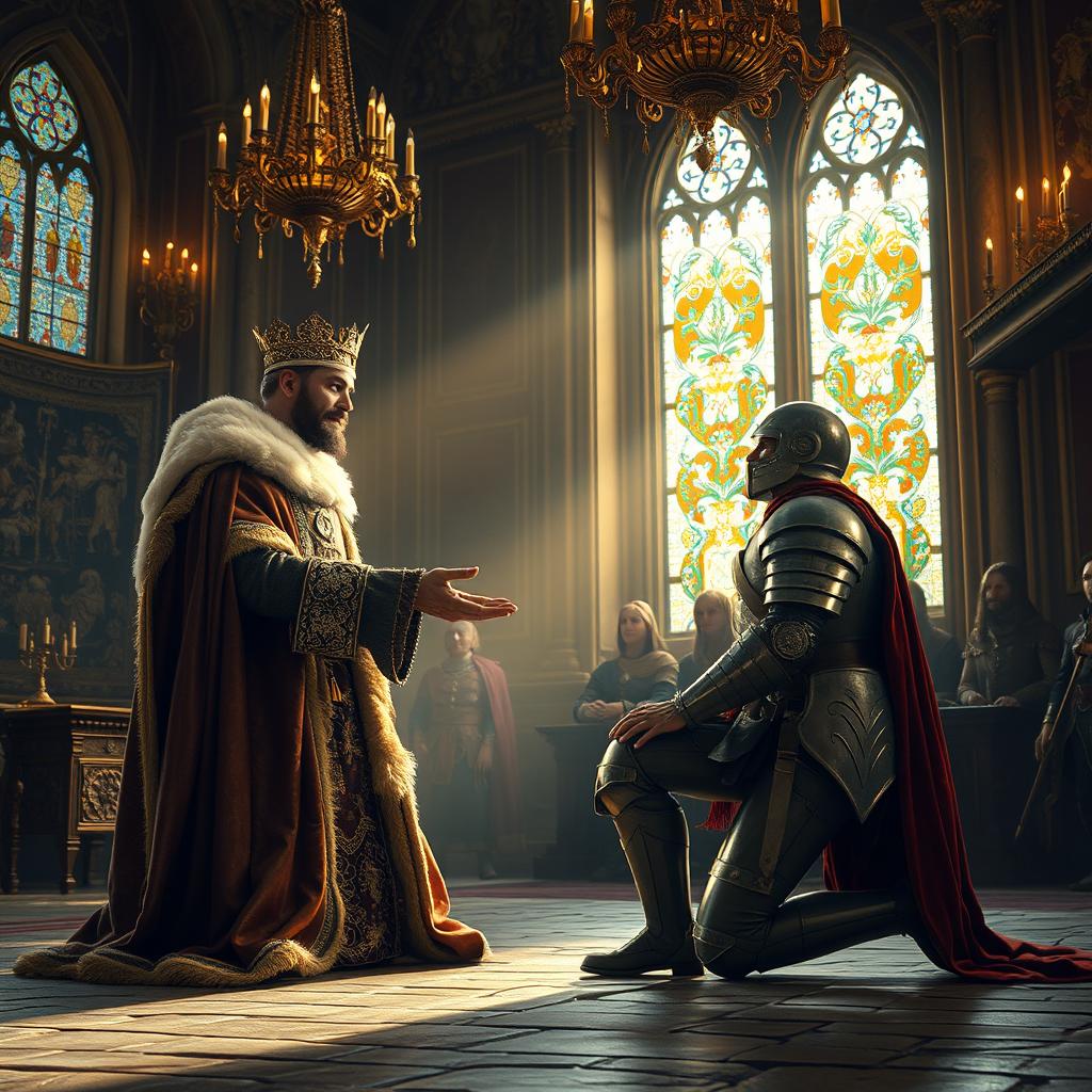 An intense scene depicting a noble king extending a gesture of pardon to a defeated enemy commander, who kneels before him in a grand medieval throne room