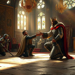 An intense scene depicting a noble king extending a gesture of pardon to a defeated enemy commander, who kneels before him in a grand medieval throne room
