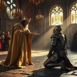 An intense scene depicting a noble king extending a gesture of pardon to a defeated enemy commander, who kneels before him in a grand medieval throne room